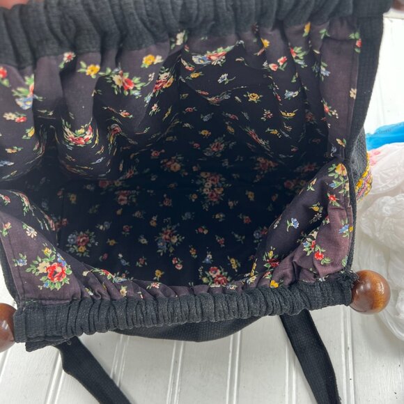 Handmade Black Shoulder Bag Colorful Embroidery & Wooden Accents reversible - Picture 7 of 9